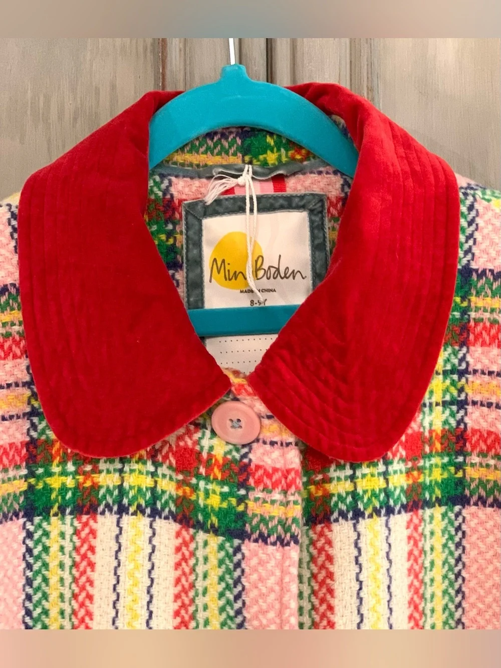 Mini Boden Colorful Plaid Wool Blend Coat Sz 8-9Y
